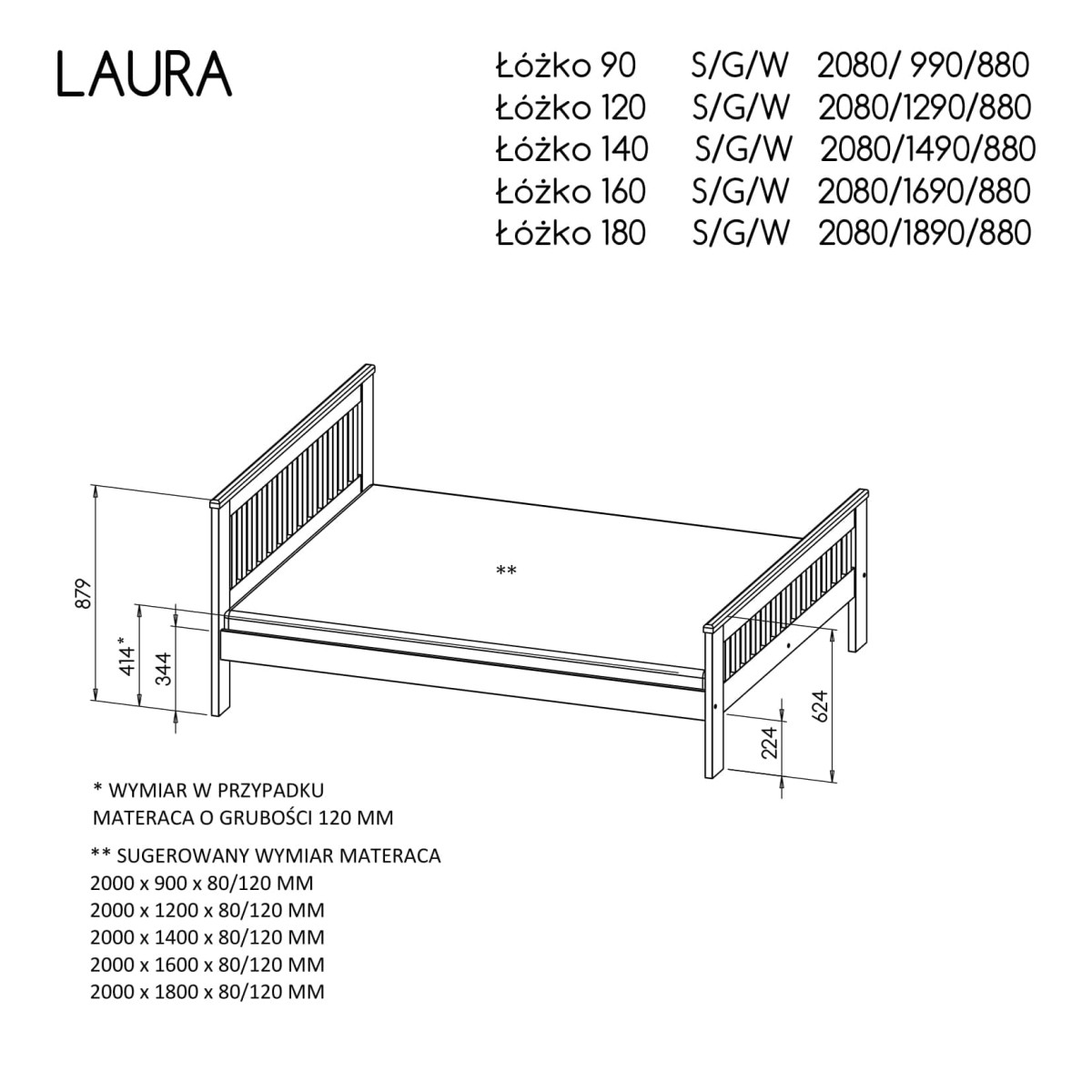 Rysunek techniczny Wymiary Łóżko Laura Drewniane Drewno Sosnowe Powierzchnia spania 90 120 140 160 180 x 200 cm Do Sypialni Pokoju Dziecka Nowoczesne Białe Antracyt Pojemnik.jpg