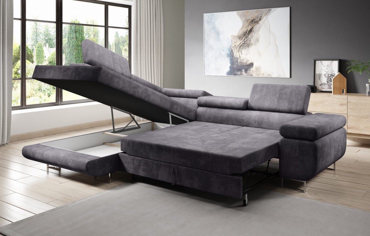 L Kronos 22 funkcja Narożnik LOTUS Nowoczesny z funkcja spania do Salonu Pojemnik na pościel Do pokoju Regulowane zagłówki Szary.jpg