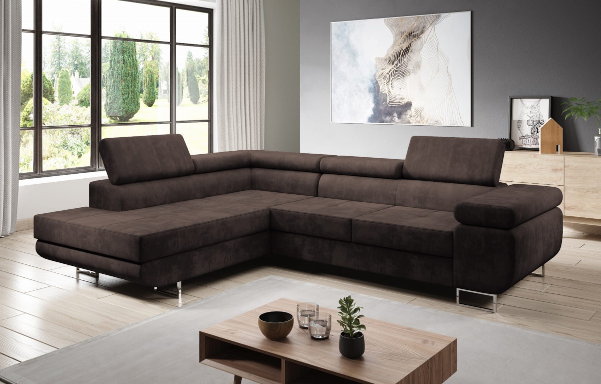 L Kronos 06 Narożnik LOTUS Nowoczesny z funkcja spania do Salonu Pojemnik na pościel Do pokoju Regulowane zagłówki Brązowy Ciemny Brąz.jpg