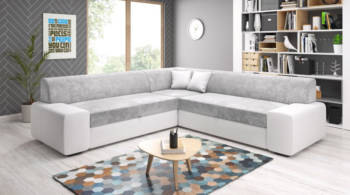 Narożnik PIRES Maxi Nowoczesny Uniwersalny Duży Z funkcja Spania Szuflada Monolith 84 Szary + Madryt 120 Biały Skaj.jpg