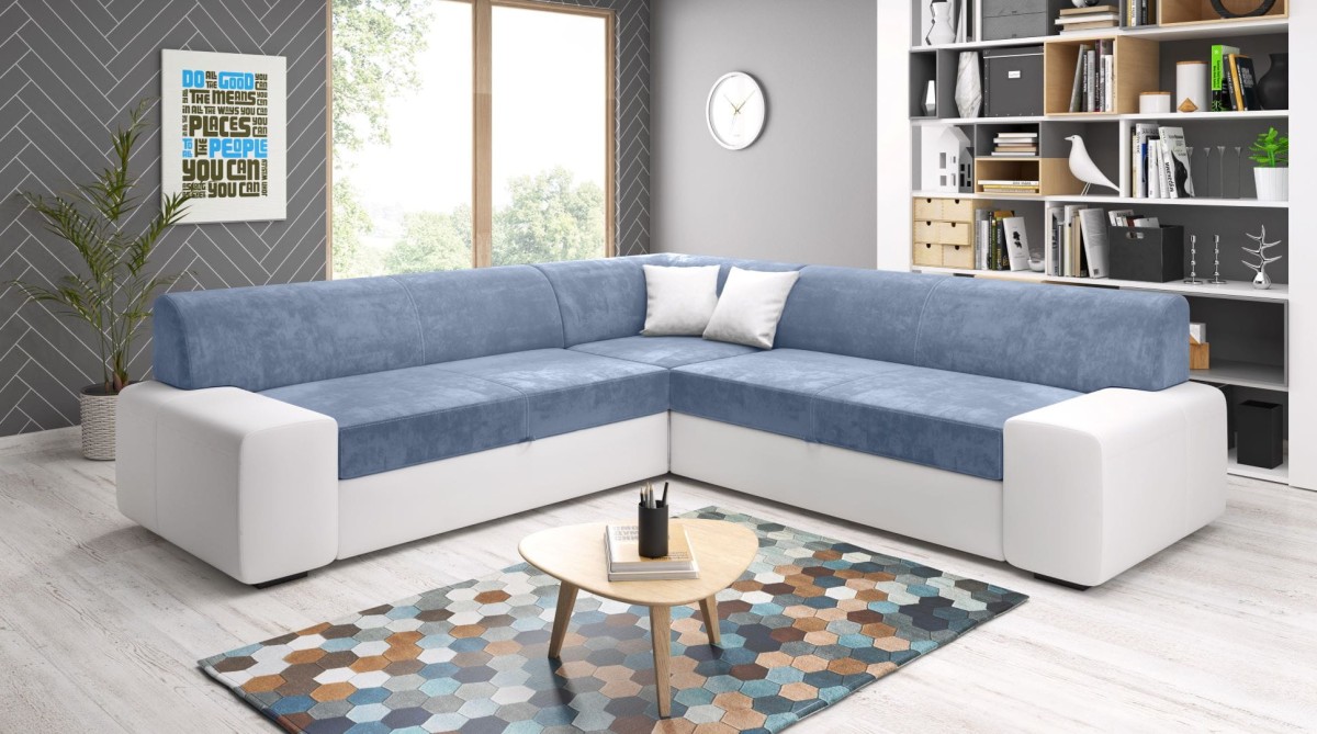 Narożnik PIRES Maxi Nowoczesny Uniwersalny Duży Z funkcja Spania Szuflada Madryt 120 Biały Skaj + Monolith 70 Błekitny Niebieski.jpg