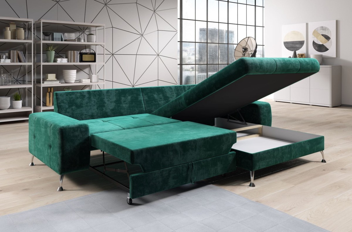 WENUS Kronos 19 F Narożnik Wysokie Nóżki Poduszki Funkcja Spania Pojemnik na Pościel Nowoczesny Zielony Butelkowa Zieleń Loftowy.jpg