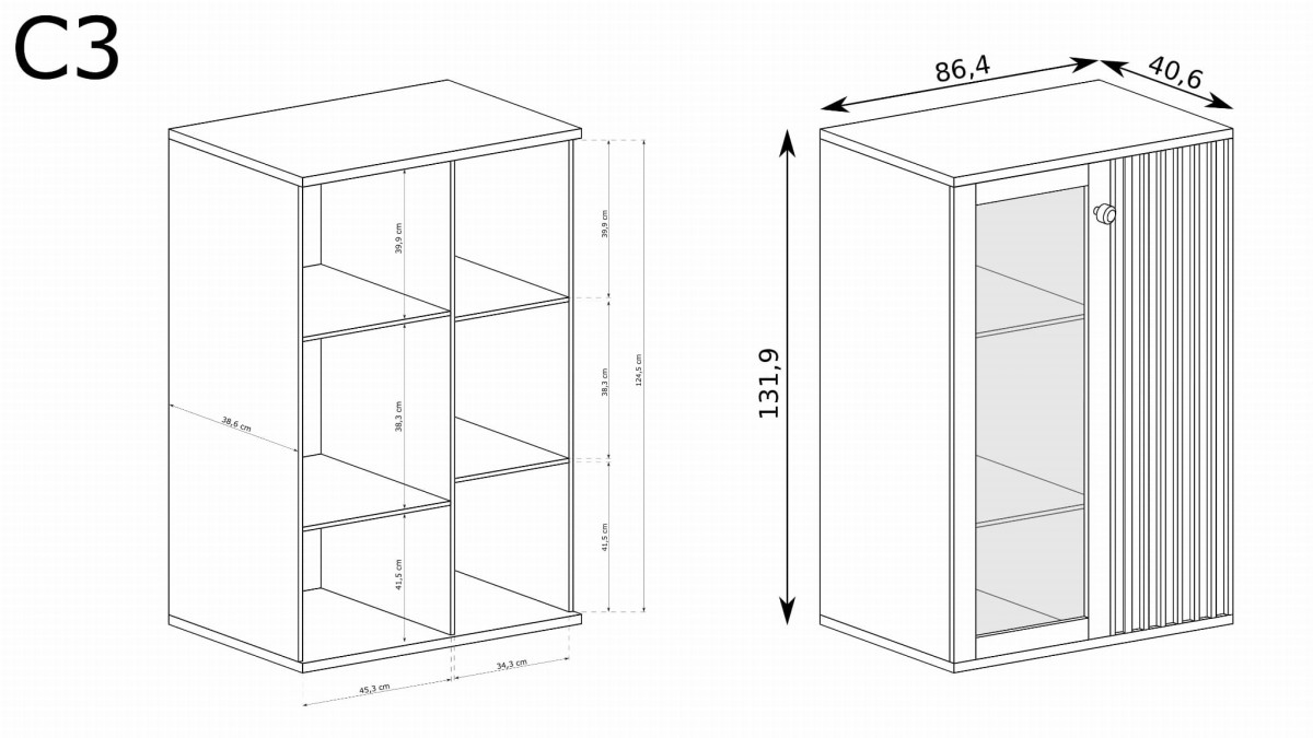 Witryna KALI Dwudrzwiowa Szuflady LED Szerokość 86 cm Lamele Dąb Artisan Czarna C3 Metalowe Czarne Nogi Styl LOFT Wymiary.jpg