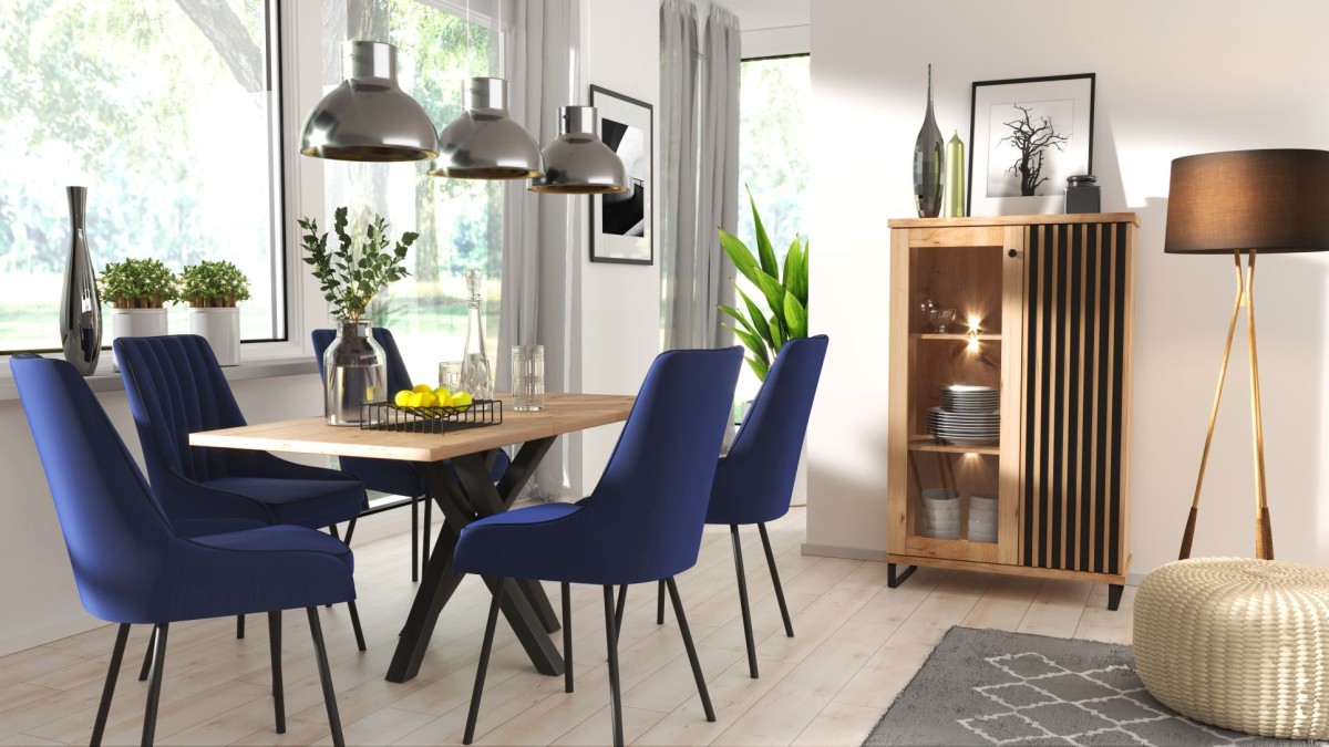 Zestaw Mebli Do Jadalni KALI Lamele Dąb Artisan Czarne Metalowe Nogi Styl LOFT.jpg