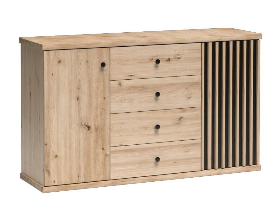 Komoda KALI Dwudrzwiowa 4 Szuflady Szerokość 142 cm Lamele Dąb Artisan Czarna C4.jpg
