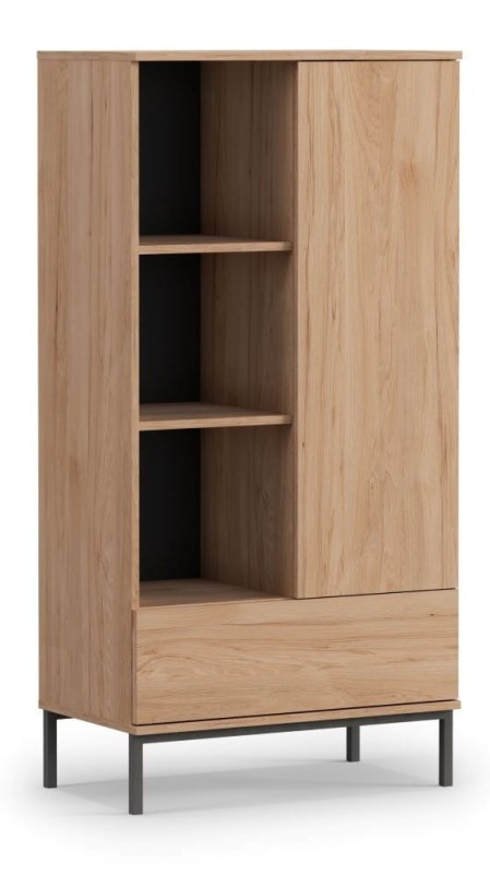 Regał Do Salonu Pokoju Drzwi Szuflada Szafka Komoda Wysoka Witryna Dąb LOFT Wysokie Czarne Nogi QUERTY R70 (Natural Rockford Hickory).jpg