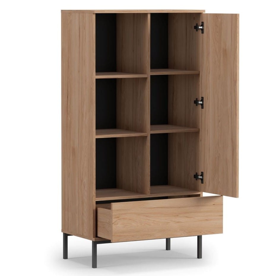 Regał Do Salonu Pokoju Drzwi Szuflada Szafka Komoda Wysoka Witryna Dąb LOFT Wysokie Czarne Nogi QUERTY R70 (Natural Rockford Hickory) Środek .jpg