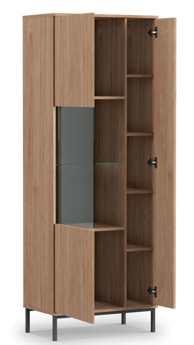 Witryna Dąb Wysoka Do Salonu Pokoju Nowoczesna LOFT Na Wysokich Czarnych Nóżkach QUERTY WIT70(Natural Rockford Hickory) 70 cm LED Środek .jpg