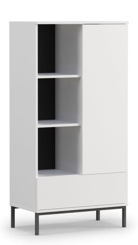 Regał Do Salonu Pokoju Drzwi Szuflada Szafka Komoda Wysoka Witryna Biały LOFT Wysokie Czarne Nogi QUERTY R70 (Biały) A.jpg