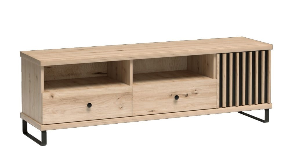 Szafka RTV KALI Szuflady Szerokość 160 cm Lamele Dąb Artisan Czarna C6 Stolik Półki Metalowe Czarne Nogi Malowane Proszkowo Styl LOFT.jpg