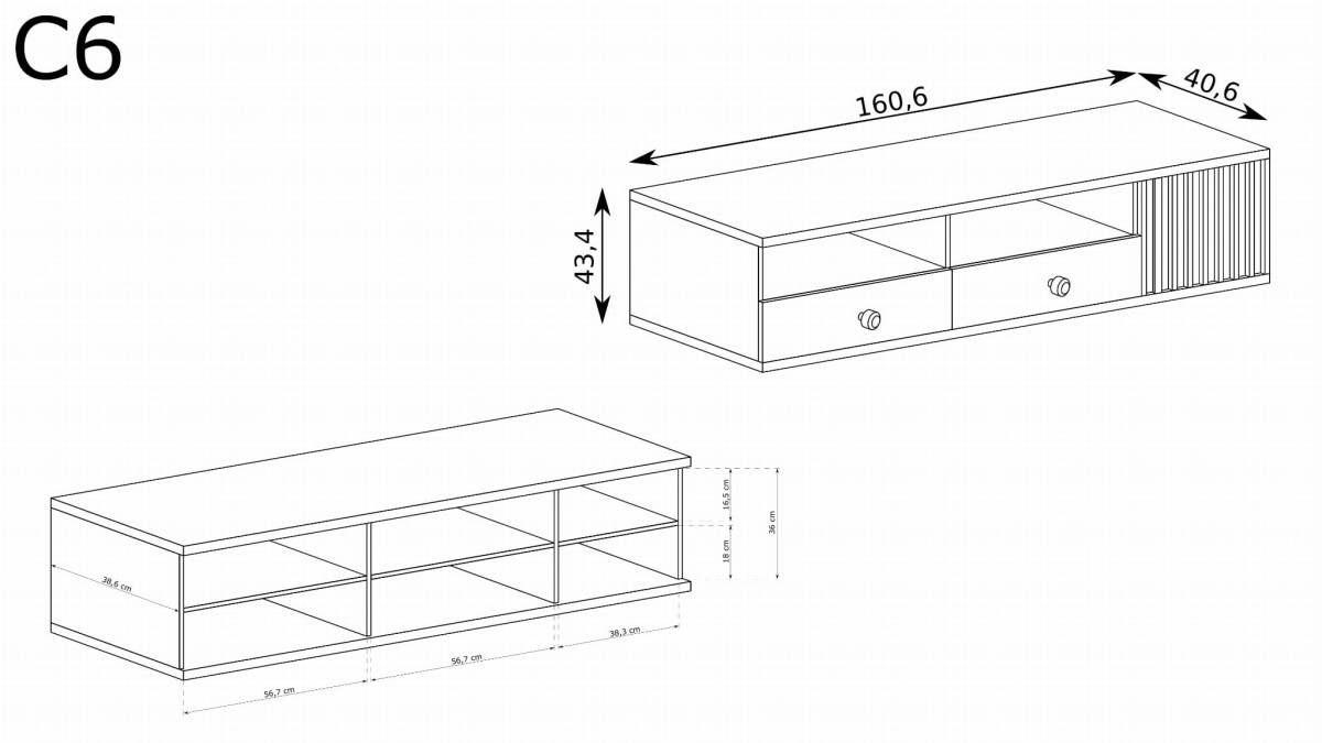 Szafka RTV KALI Szuflady Szerokość 160 cm Lamele Dąb Artisan Czarna C6 Stolik Półki Wymiary.jpg