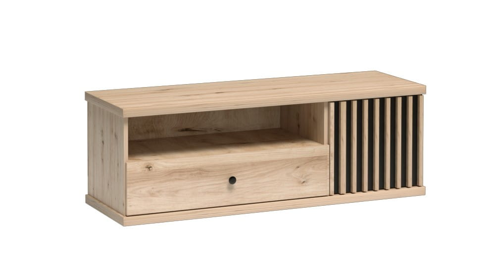 Szafka RTV KALI Szuflada Szerokość 124 cm Lamele Dąb Artisan Czarna C7 Stolik Półki.jpg