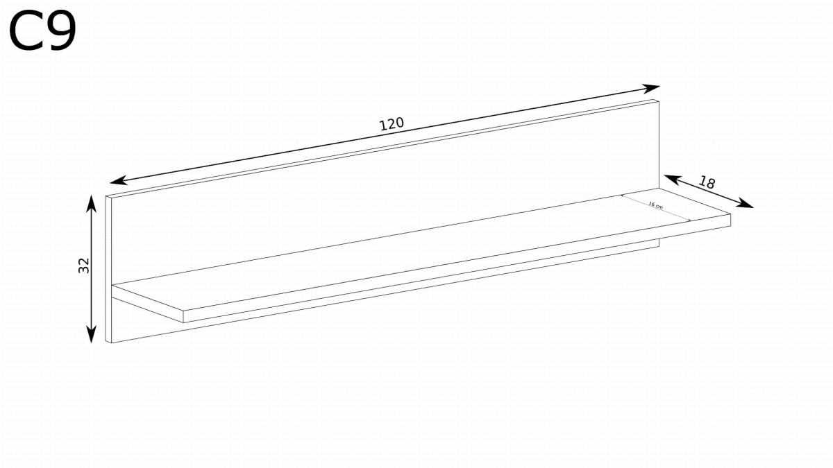 Półka Wisząca KALI Szerokość 120 cm Dąb Artisan Czarna C9 Wymiary.jpg