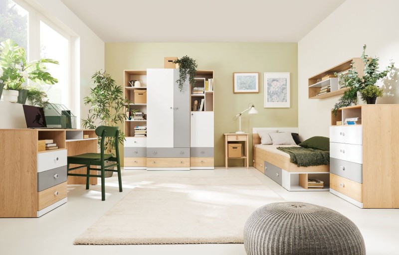 Zestaw Mebli Młodzieżowych Nowoczesny System Pixel Aranżacja 01 Biurko Szafa Łóżko Komoda Bieliźniarka Regał Szafka.jpg
