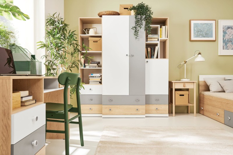 Zestaw Mebli Młodzieżowych Nowoczesny System Pixel Aranżacja 02 Biurko Szafa Łóżko Bieliźniarka Regał Szafka.jpg