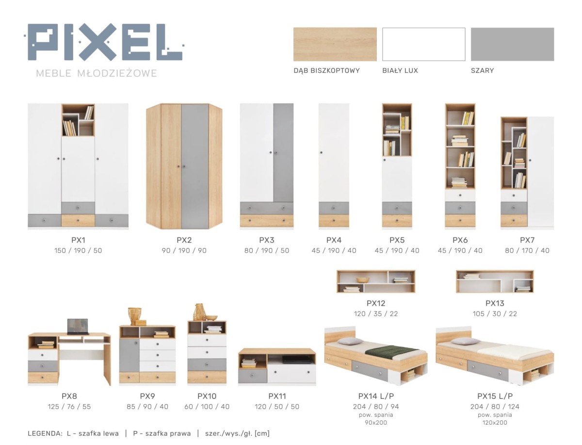 System Pixel Meble Młodzieżowe Nowoczesne Dąb Biszkoptowy Biały Lux Szary Grafit.jpg