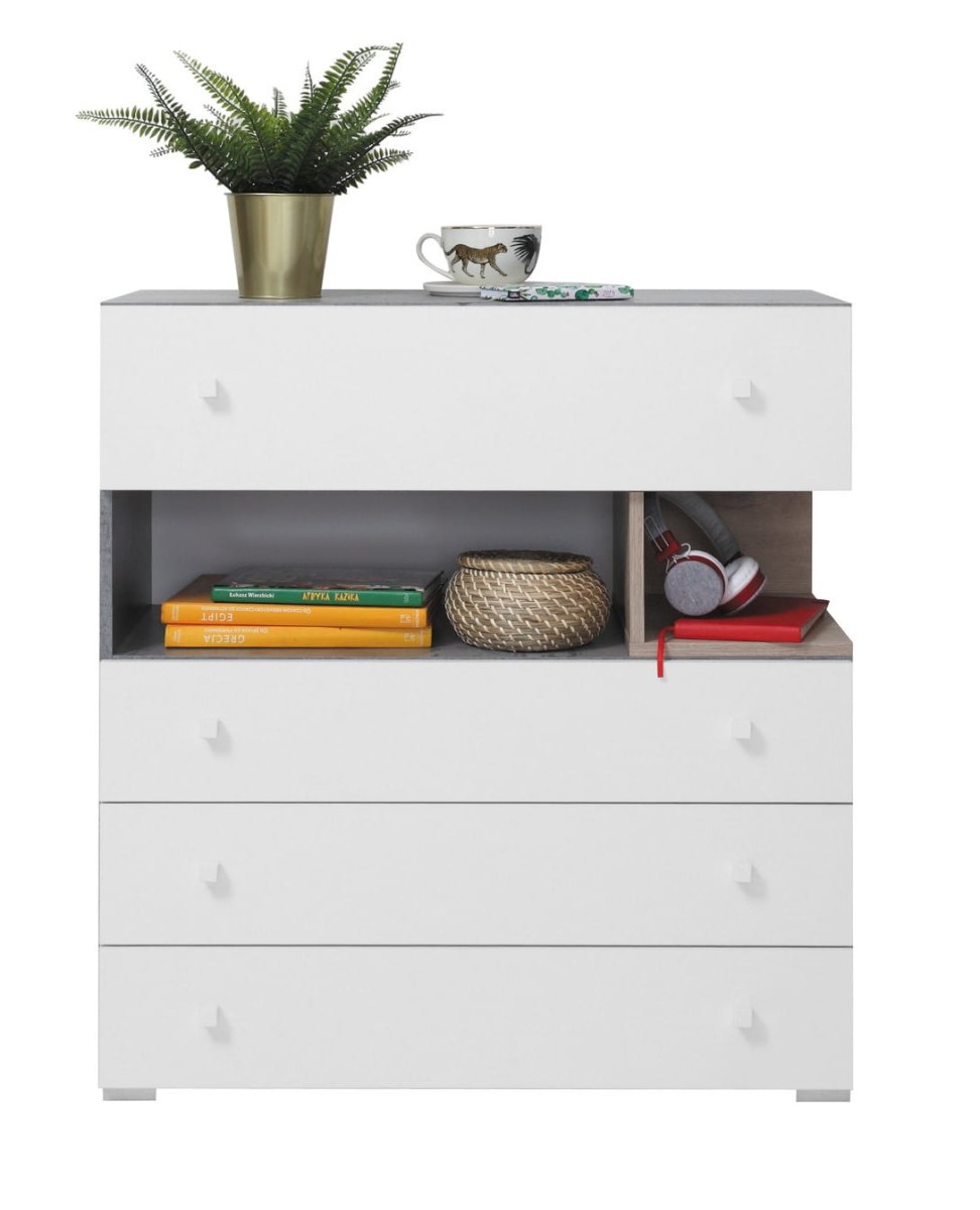 Komoda SIGMA SI 11 85 Beton Biały Lux Dąb Półka Szuflada Cztery Szuflady Do Pokoju Młodzieżowego Nowoczesne Drzwi.jpg