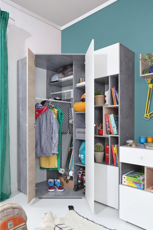 Szafa Narożna SI 02 Beton Biały  Lux Dąb Szafa Półki Regał Drążek Do Pokoju Młodzieżowego Nowoczesna Duża Drzwi Środek Wnętrze.jpg