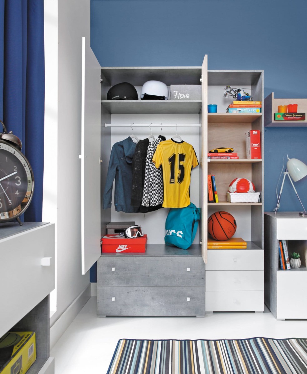 Szafa SIGMA SI 03 Beton Biały  Lux Dąb Szafa Półki Regał Drążek Szuflady Dwudrzwiowa Do Pokoju Młodzieżowego Nowoczesna Duża Drzwi Środek Wnętrze.jpg