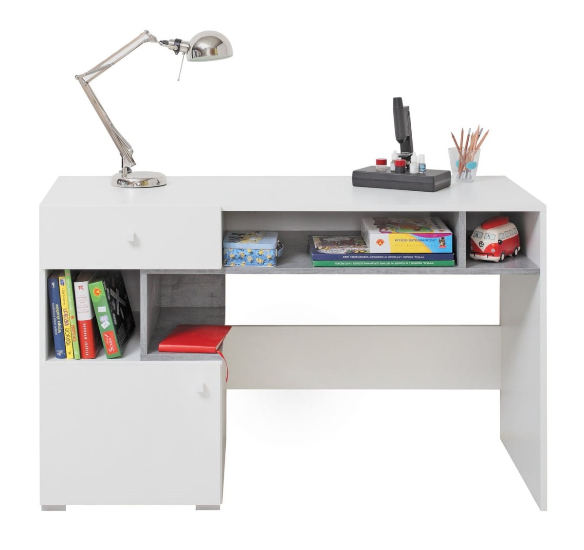 Biurko SIGMA SI 10 125 Beton Biały Lux  Półki Szuflada Szafka Do Pokoju Młodzieżowego Nowoczesne Drzwi.jpg