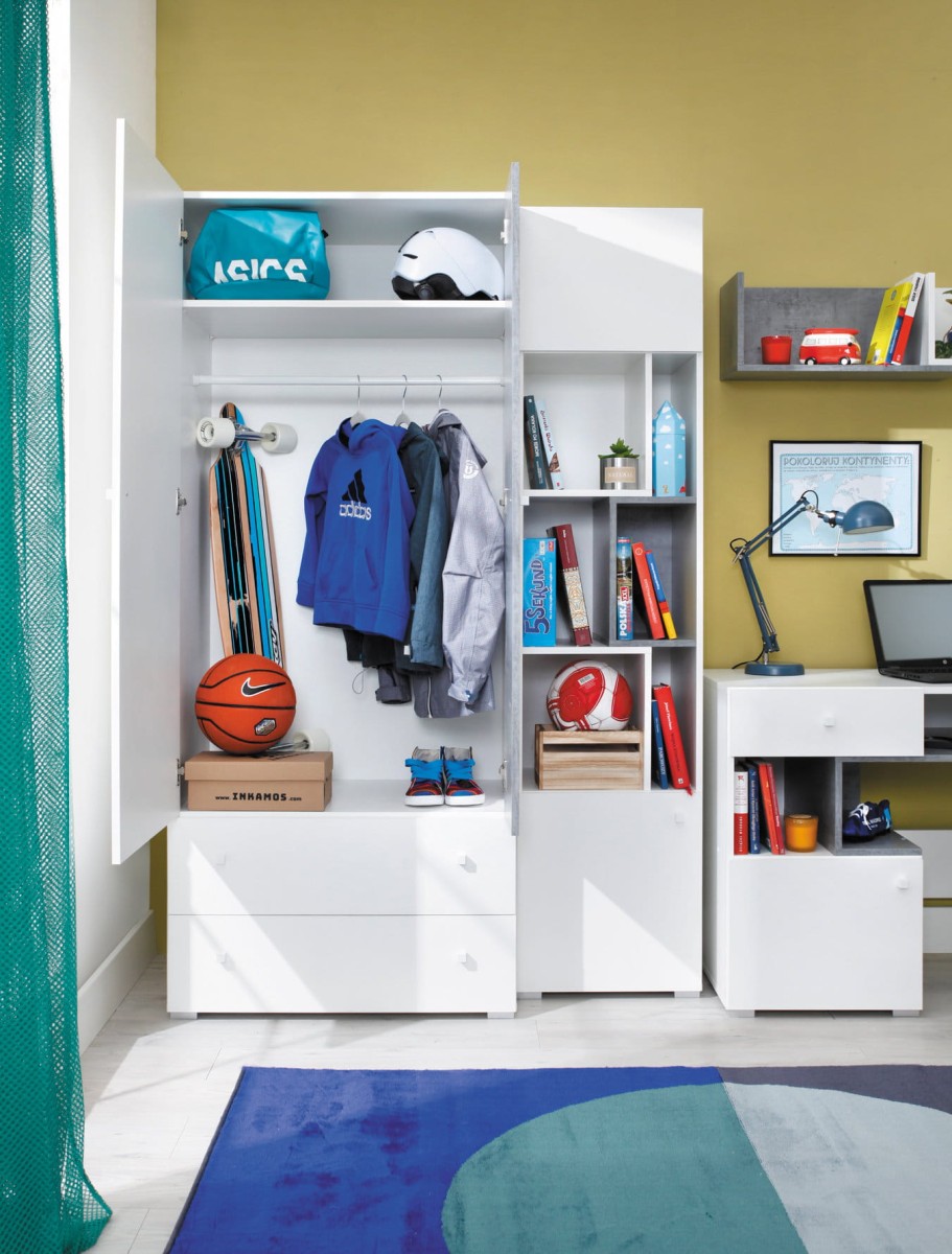 Szafa SIGMA SI 03 Beton Biały  Lux Szafa Półki Regał Drążek Szuflady Dwudrzwiowa Do Pokoju Młodzieżowego Nowoczesna Duża Drzwi Środek Wnętrze.jpg