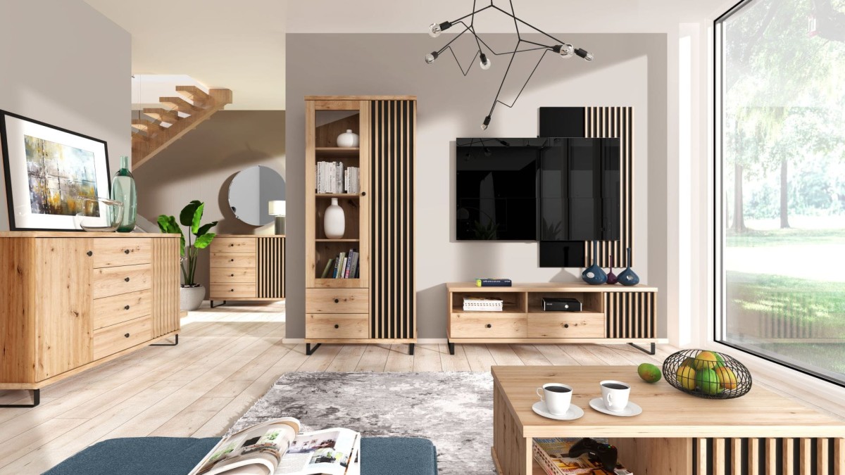 Zestaw Mebli Do Salonu KALI Lamele Dąb Artisan Czarne Metalowe Nogi Styl LOFT ..jpg