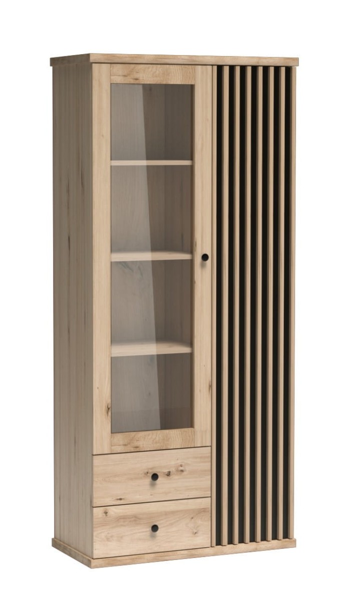 Witryna KALI Dwudrzwiowa Szuflady LED Szerokość 86 cm Lamele Dąb Artisan Czarna C2 .jpg