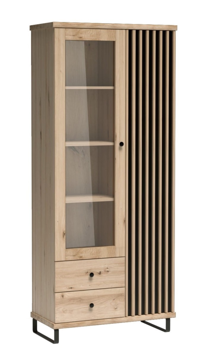 Witryna KALI Dwudrzwiowa Szuflady LED Szerokość 86 cm Lamele Dąb Artisan Czarna C2 Metalowe Czarne Nogi Styl LOFT.jpg