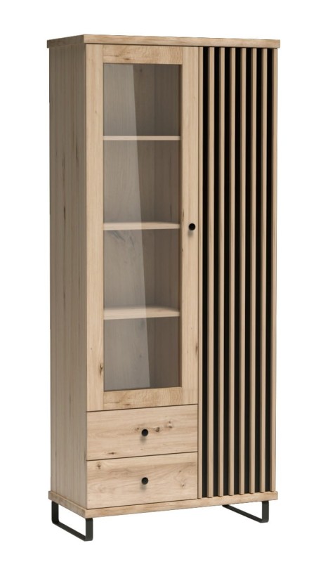 Witryna KALI Dwudrzwiowa Szuflady LED Szerokość 86 cm Lamele Dąb Artisan Czarna C2 Metalowe Czarne Nogi Styl LOFT.jpg