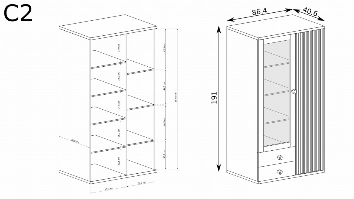 Witryna KALI Dwudrzwiowa Szuflady LED Szerokość 86 cm Lamele Dąb Artisan Czarna C2 Metalowe Czarne Nogi Styl LOFT Wymiary.jpg