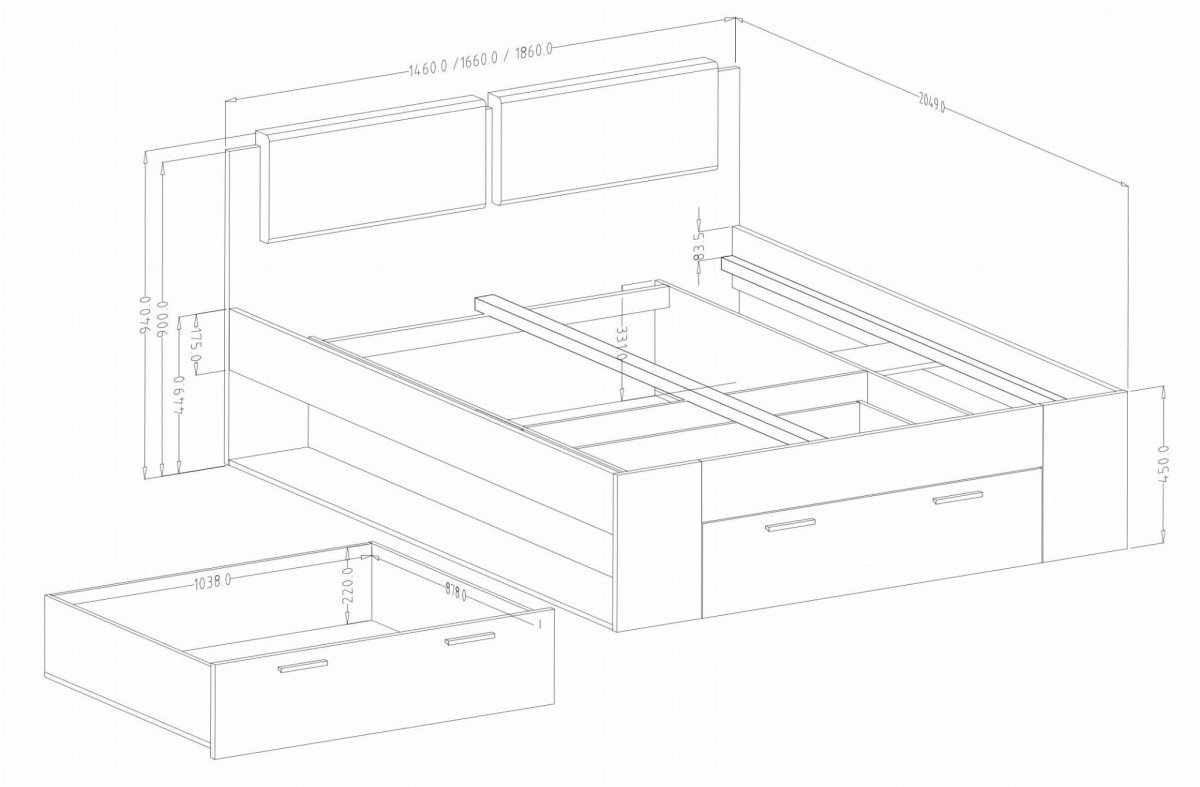 Sypialnia Galaxy Łóżko 160 x 200 z Szufladą Komoda Szafa Stolik Nocny Dąb Monastery Czarne Szkło Aranżacja  Wymiary.jpg
