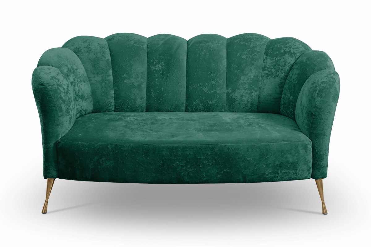 Sofa ADRIA Muszelka Tkanina Eureka 2121 Kanapa Nowoczesny Butelkowa Zieleń Zielona Wysokie Złote Metalowe Nogi Do Gabinetu Salonu Studia Urody Biura  .jpg