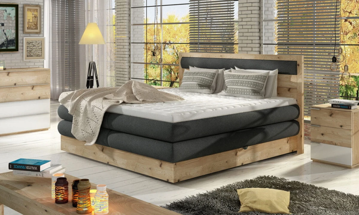 Łóżko DIORI Kontynentalne Tapicerowane Rama Naturalny Dąb Do Sypialni Pojemnik Na Pościel BOXSPRING MASSIVE WOOD WERSAL.jpg