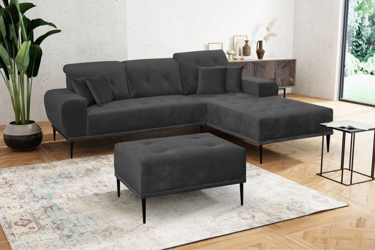 Narożnik RAPALLO Tkanina Tiffany 19 Grafitowy Do Salonu Styl LOFT Regulowany Zagłówek Pik Pufa.jpg
