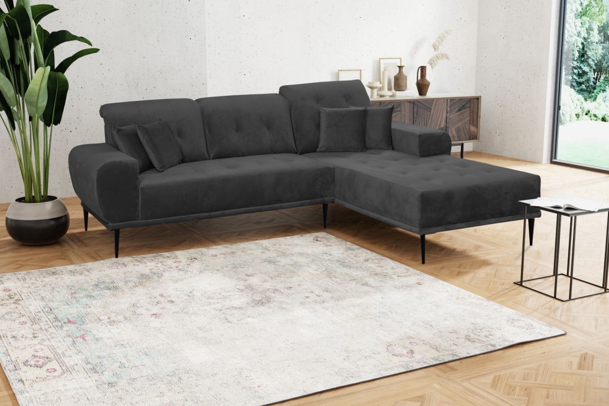 Narożnik RAPALLO Tkanina Tiffany 19 Grafitowy Do Salonu Styl LOFT Regulowany Zagłówek Pik.jpg