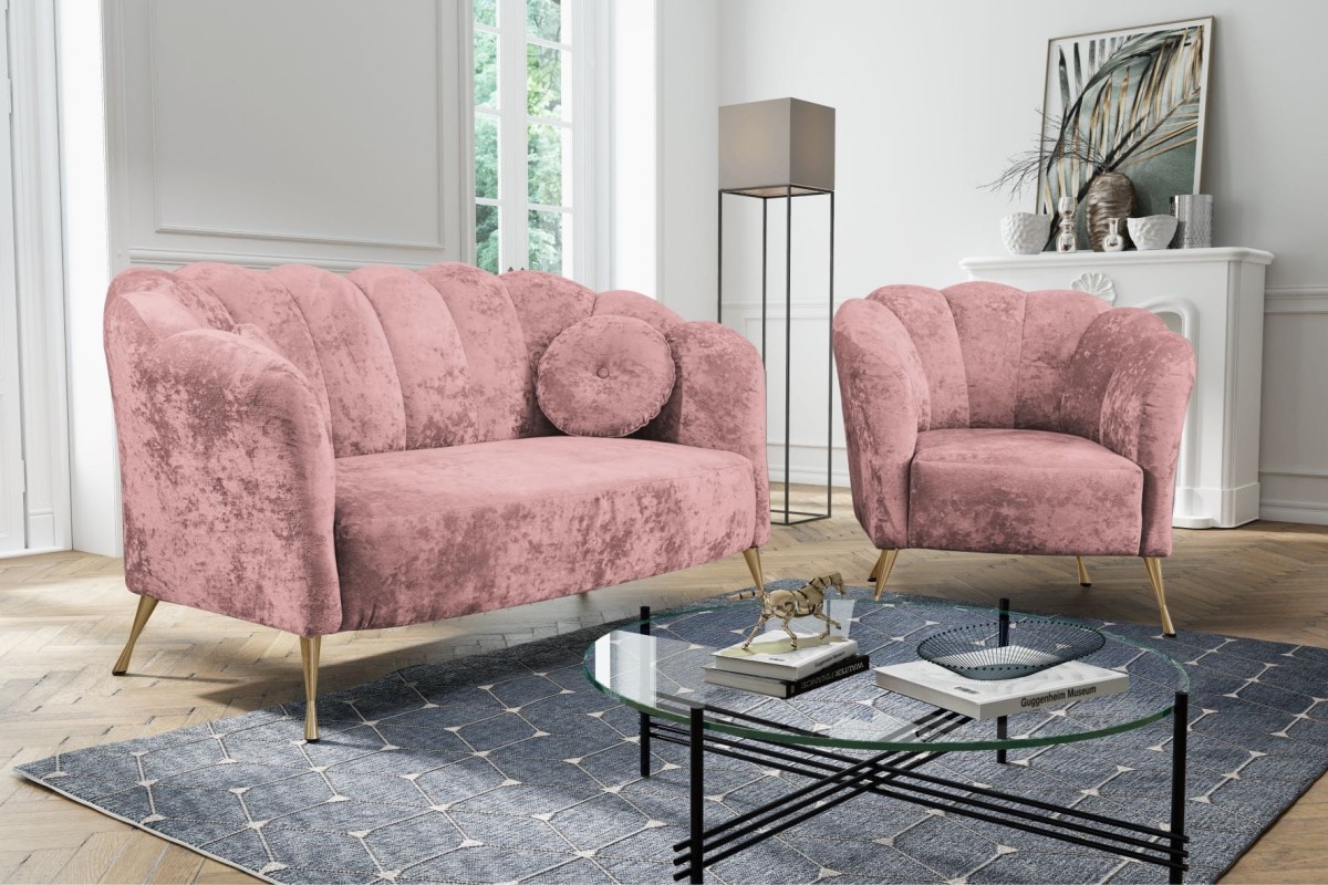 Sofa Fotel Kanapa ADRIA Muszelka Tkanina Eureka 2142 Nowoczesny Różowa Pudrowy Róż Welur Velvet Złote Wysokie Metalowe Nogi Do Gabinetu Salonu Studia Urody Biura.jpg