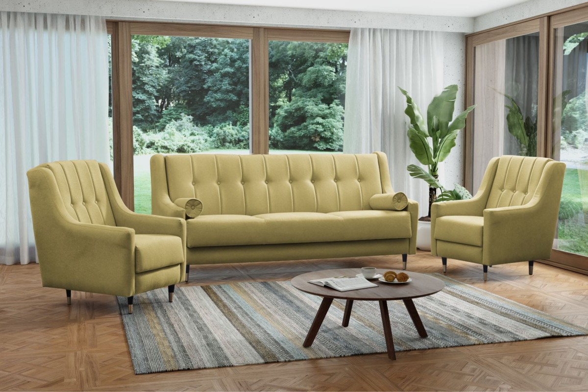Zestaw Mebli Do Salonu PLATON Tkanina CALDO 9 Zielony Oliwkowy Sofa Kanapa Fotel Czarne Nóżki.jpg