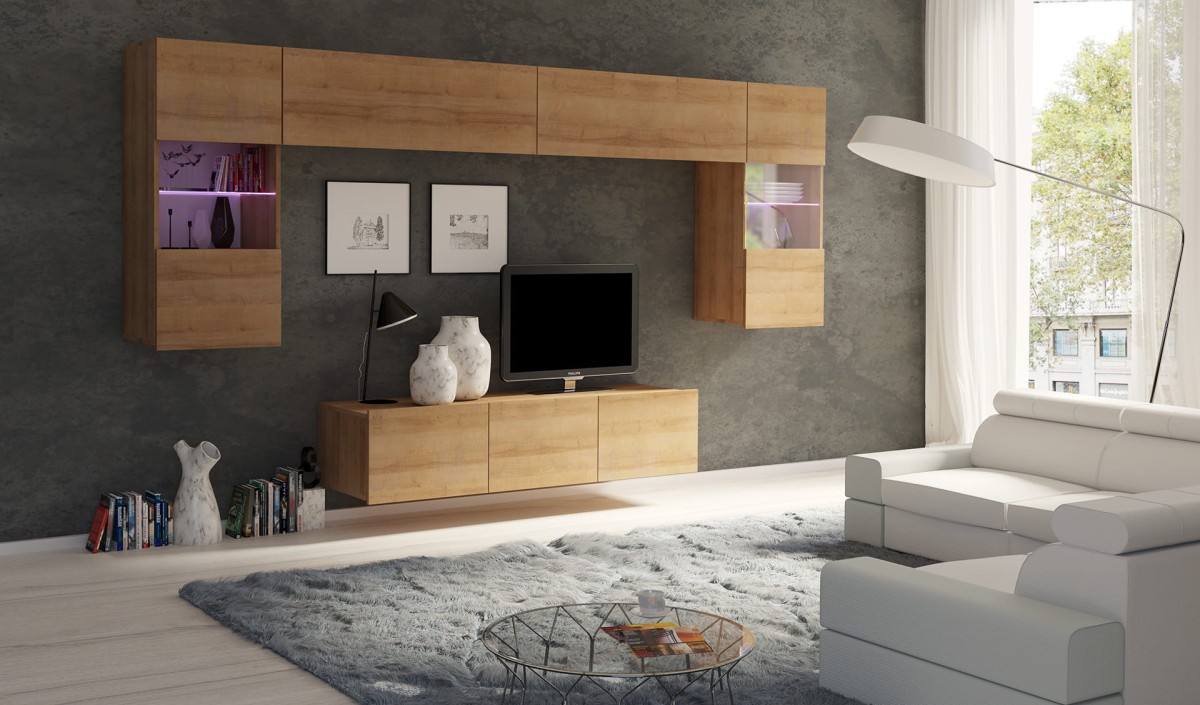 ZESTAW NR 2 DĄB ZŁOTY PRESTIŻ ZESTAW MEBLI Do Salonu Meblościanka POKÓJ Szafka Wisząca Uniwersalna RTV Wysoki Połysk.jpg