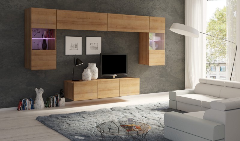 ZESTAW NR 2 DĄB ZŁOTY PRESTIŻ ZESTAW MEBLI Do Salonu Meblościanka POKÓJ Szafka Wisząca Uniwersalna RTV Wysoki Połysk.jpg