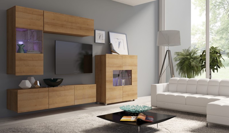 ZESTAW NR 3 PRESTIŻ MEBLI Do Salonu POKÓJ SZAFKA WISZĄCA RTV WITRYNA Wysoki Połysk DĄB ZŁOTY Meblościanka LED.jpg