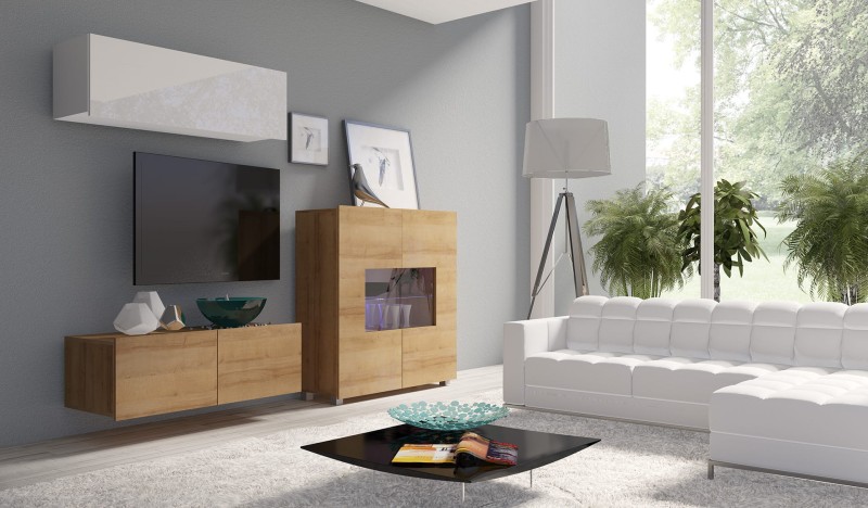 ZESTAW NR 9 PRESTIŻ MEBLI Do Salonu Meblościanka POKÓJ Szafka Wisząca Uniwersalna RTV WITRYNA LED Wysoki Połysk  BIAŁY - DĄB ZŁOTY.jpg