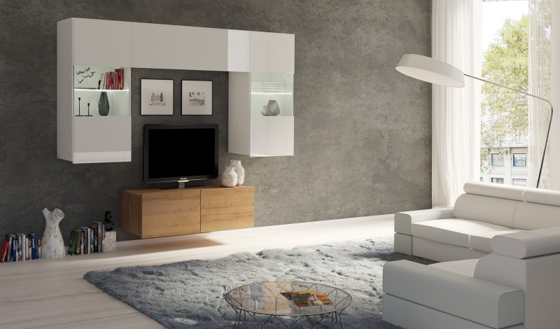 ZESTAW NR 10 BIAŁY - DĄB ZŁOTY PRESTIŻ ZESTAW MEBLI Do Salonu Meblościanka POKÓJ Szafka Wisząca Uniwersalna RTV LED Wysoki Połysk.jpg