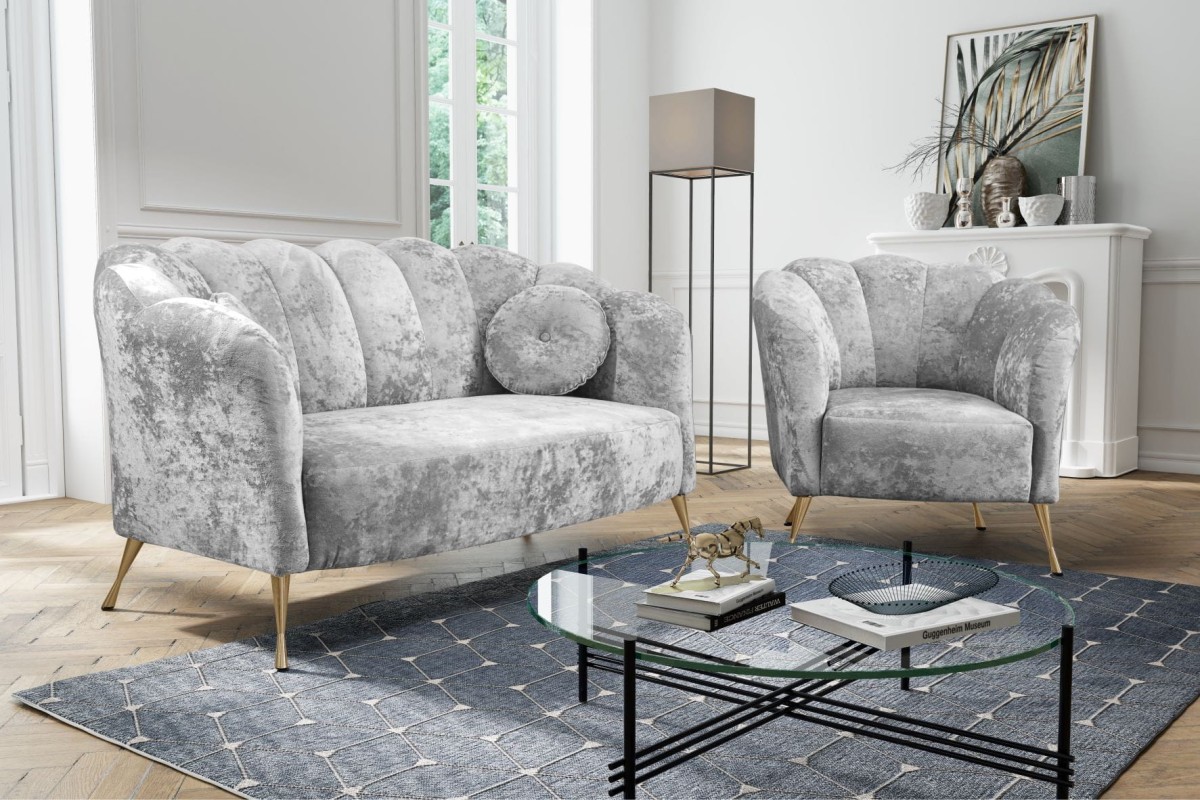 Sofa Fotel Kanapa ADRIA Muszelka Tkanina Eureka 2132 Nowoczesny Szary Siwy Welur Velvet Złote Wysokie Metalowe Nogi Do Gabinetu Salonu Studia Urody Biura Welur Welvet.jpg