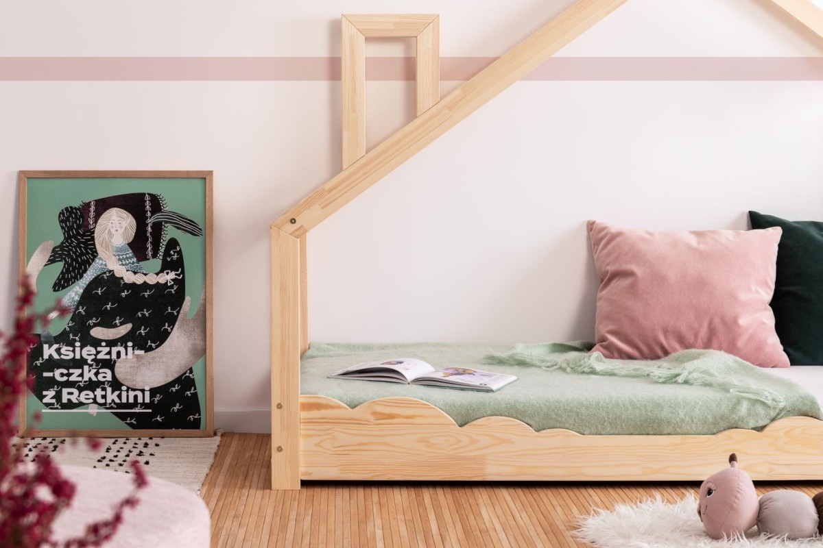 Łóżko Domek LENA D Jednoosobowe Komin Drewno Sosnowe Nowoczesne 1 osobowe Chmurka Bokiem Detale.jpg