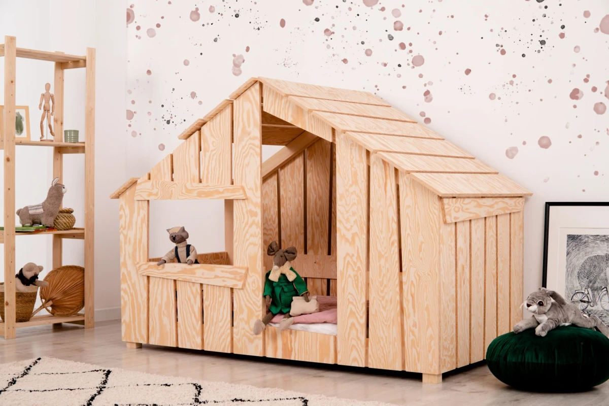 Łóżko EDI Domek Drewninay Dla Dziecka Okno Dach Sosnowe Nowoczesny Jednoosobowe Drewniany Bokiem.jpg