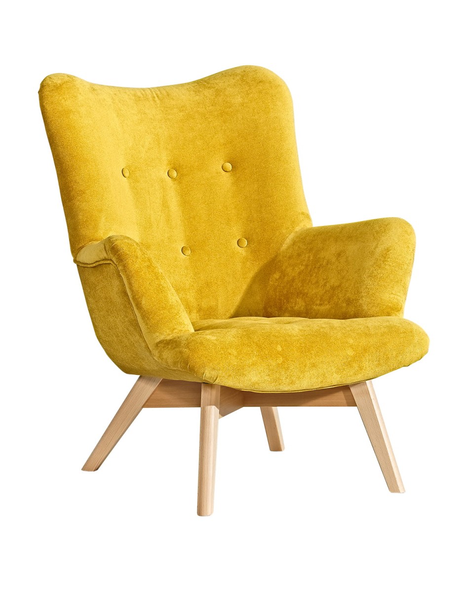 Safin- Milton New 11 FOTEL ŻÓŁTY WYSOKIE DREWNIANE NOGI  Nóżki Drewniane Styl Skandynawski Nowoczesny Do Pokoju Salonu Gabinetu Biura