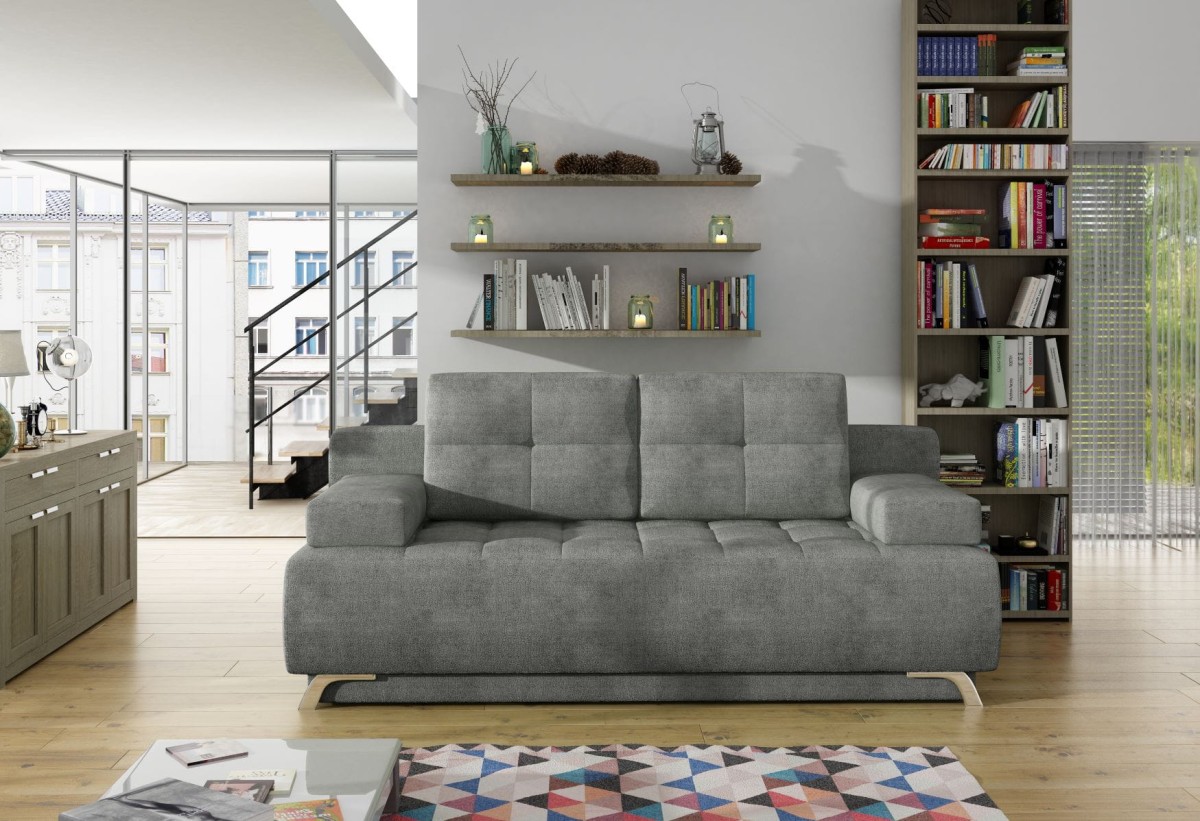 Sofa Oslo Z Funkcją Spania i Pojemnikiem Na Pościel Luźne Poduszki Do Salonu Pokoju Nowoczesna Styl Szara Bez Boczków Mała Młodzieżowa.jpg