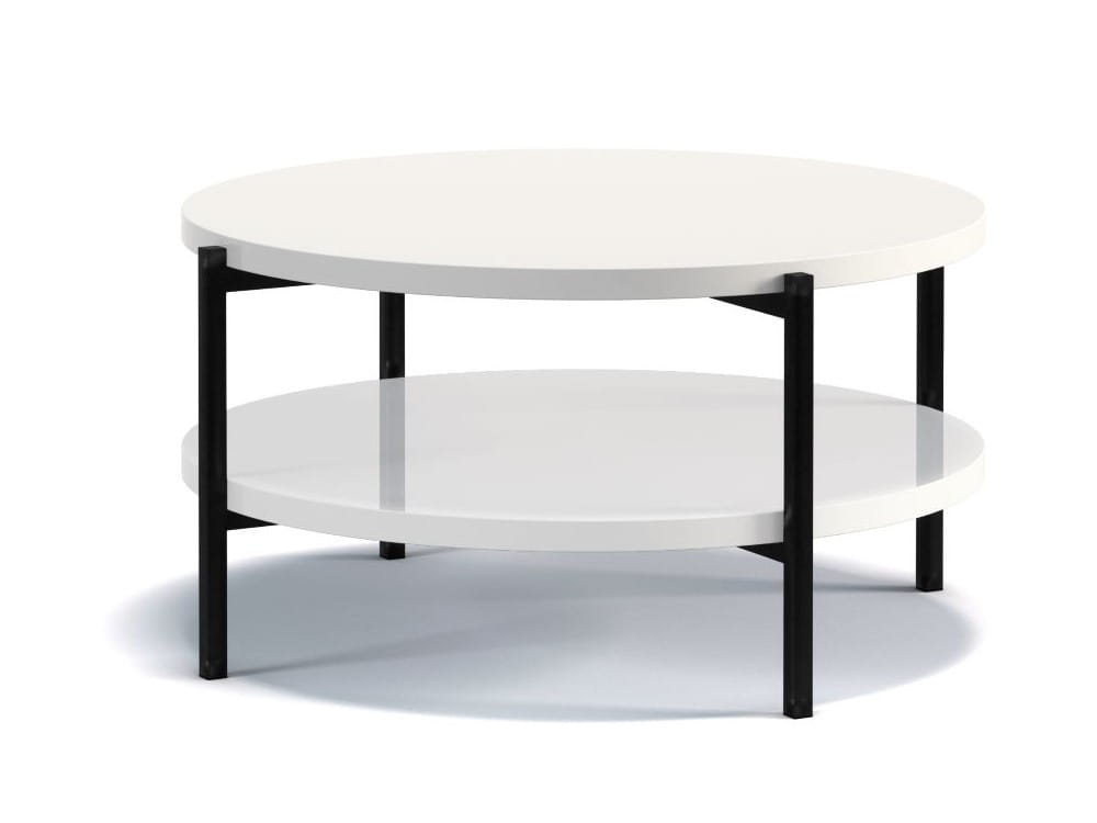 Stolik Kawowy Okrągły SIGMA B BIAŁY Połysk Ława Metalowe Czarne Nogi Do Salonu Szerokość 85 cm Półka LOFT.jpg