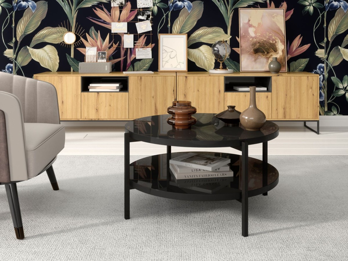 Stolik Kawowy Okrągły SIGMA B CZARNY POŁYSK Ława Metalowe Czarne Nogi Do Salonu Szerokość 85 cm Półka.jpg