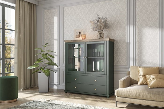 Komoda wysoka EVORA WM Szerokość 126 cm 2 szuflady 24ZRJU46 Butelkowa Zieleń HELVETIA MEBLE Komoda  Nowoczesna Tradycyjna Do Salonu Pokój Dzienny